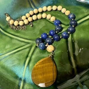 Mala Style Necklace Genuine Lapis Lazuli & Sandalwood Beads Big Tigers Eye Pend.
